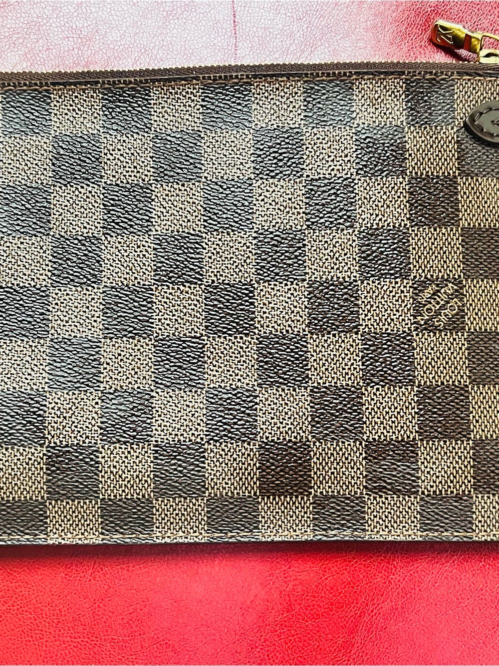 Louis Vuitton Damier Ebene never full Checkerboard Pouch with Gold Hardware